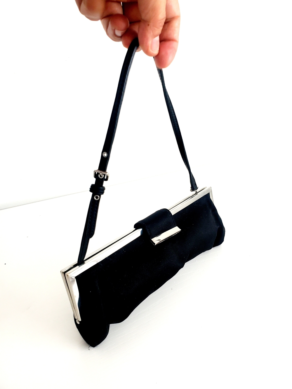 Jacob Black Satin Wristlet Clutch with Silver Frame & Leather Strap
